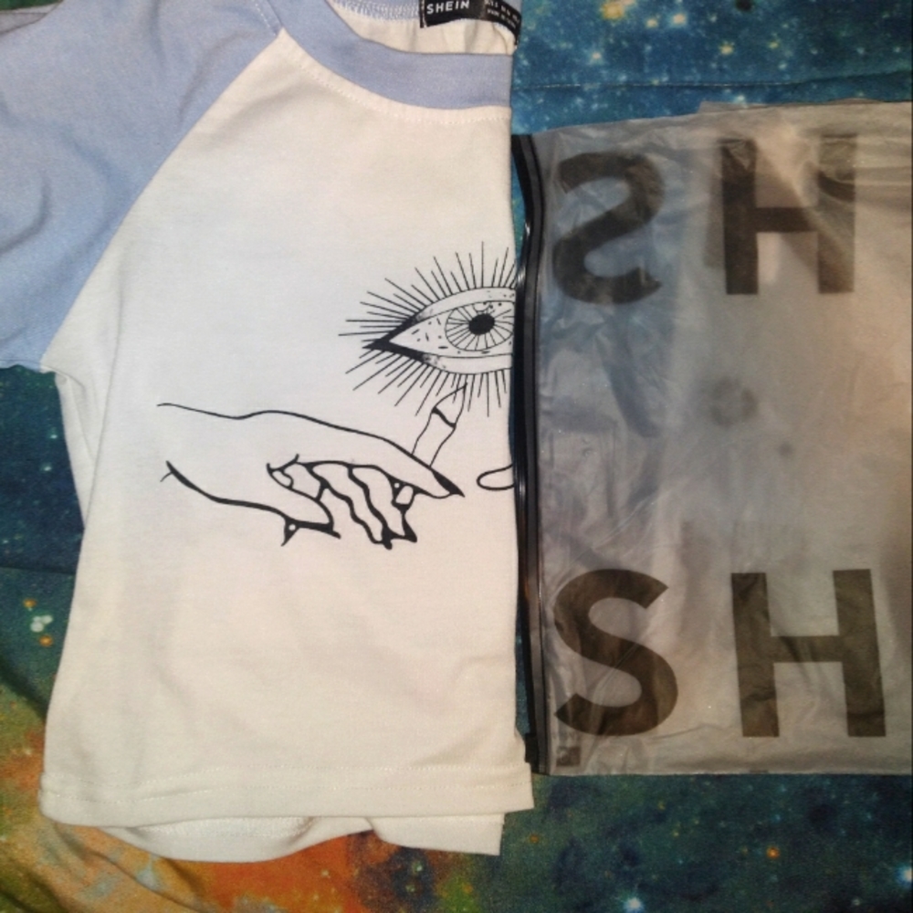 Blue & White, Hands Graphic Cropped Tee (S)